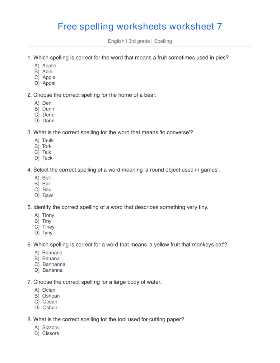 Spelling quiz: apple, den, talk, ball, banana, scissors – free printable PDF worksheet, page 1 preview (Free spelling worksheets)