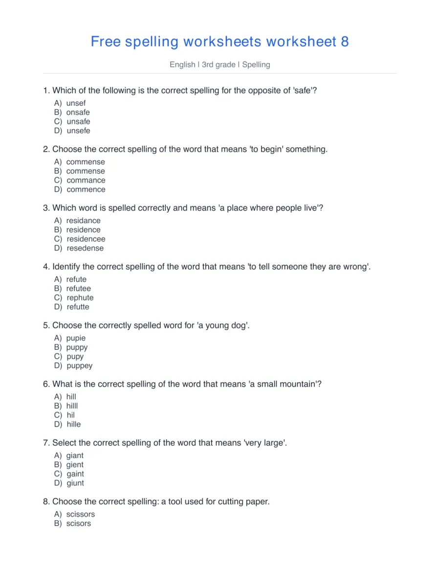 Spelling quiz: unsafe, commence, residence, refute – free printable PDF worksheet, page 1 preview (Free spelling worksheets)