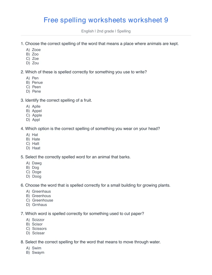 Spelling quiz: zoo, pen, apple, hat, dog, scissors – free printable PDF worksheet, page 1 preview (Free spelling worksheets)