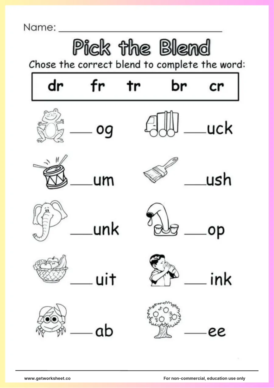 Pick the blend: dr, fr, tr, br, cr words – free printable PDF worksheet, page 1 preview (Free spelling worksheets)