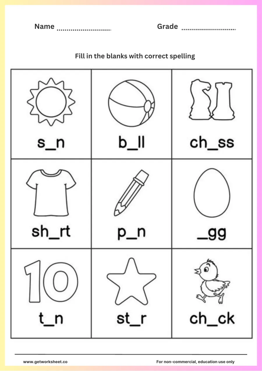 Fill in the missing vowel: sun, ball, chess, shirt – free printable PDF worksheet, page 1 preview (Free spelling worksheets)
