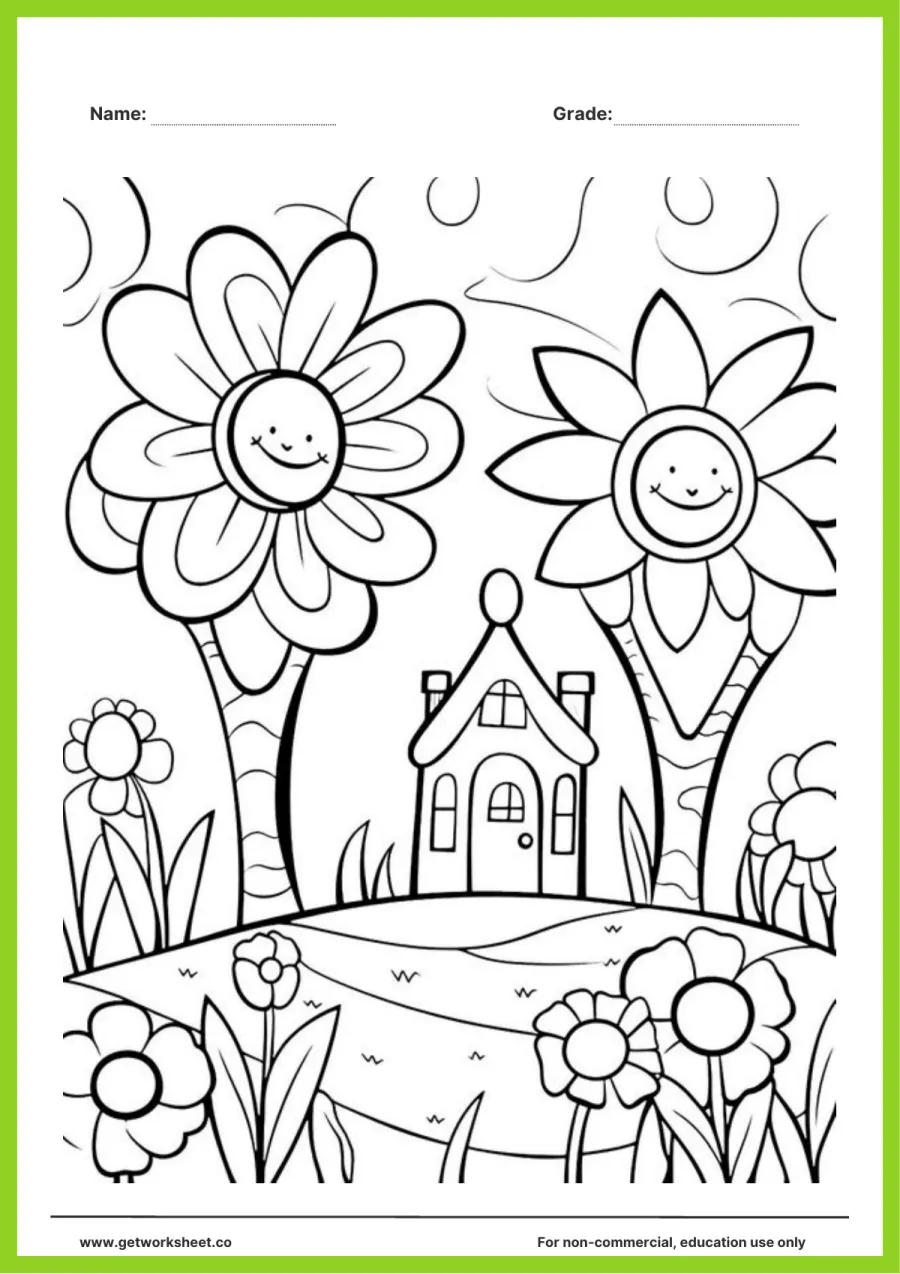 Spring coloring page: smiling flowers by a cottage Spring coloring page: smiling flowers by a cottage – free printable PDF worksheet, page 1 preview (Free spring coloring pages)