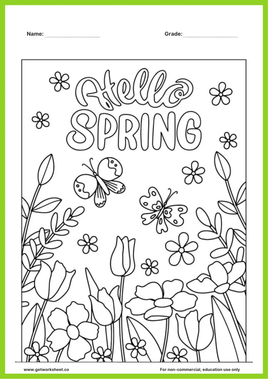 Spring coloring page: 'Hello Spring' butterflies and tulips Spring coloring page: 'Hello Spring' butterflies and tulips – free printable PDF worksheet, page 1 preview (Free spring coloring pages)