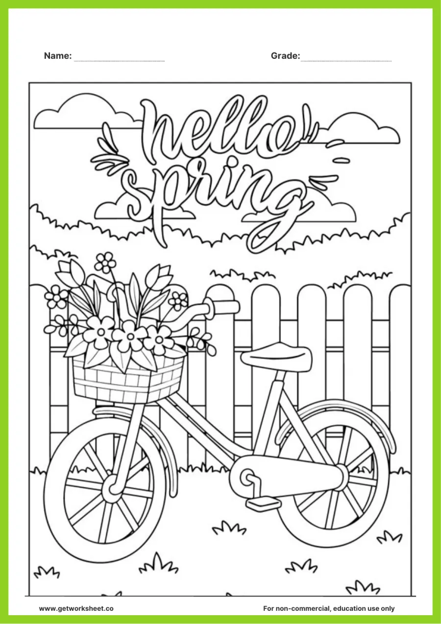 Spring coloring page: bicycle with a flower basket Spring coloring page: bicycle with a flower basket – free printable PDF worksheet, page 1 preview (Free spring coloring pages)