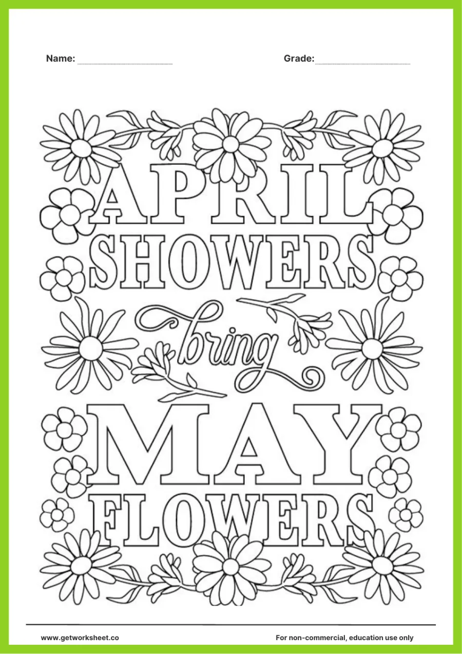 Spring coloring page: 'April showers bring May flowers' Spring coloring page: 'April showers bring May flowers' – free printable PDF worksheet, page 1 preview (Free spring coloring pages)