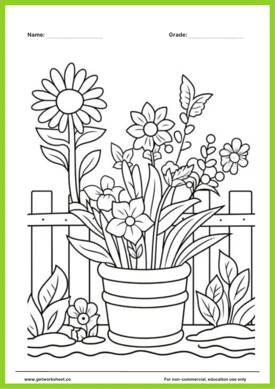 Spring coloring page: flower pot by the garden fence Spring coloring page: flower pot by the garden fence – free printable PDF worksheet, page 1 preview (Free spring coloring pages)