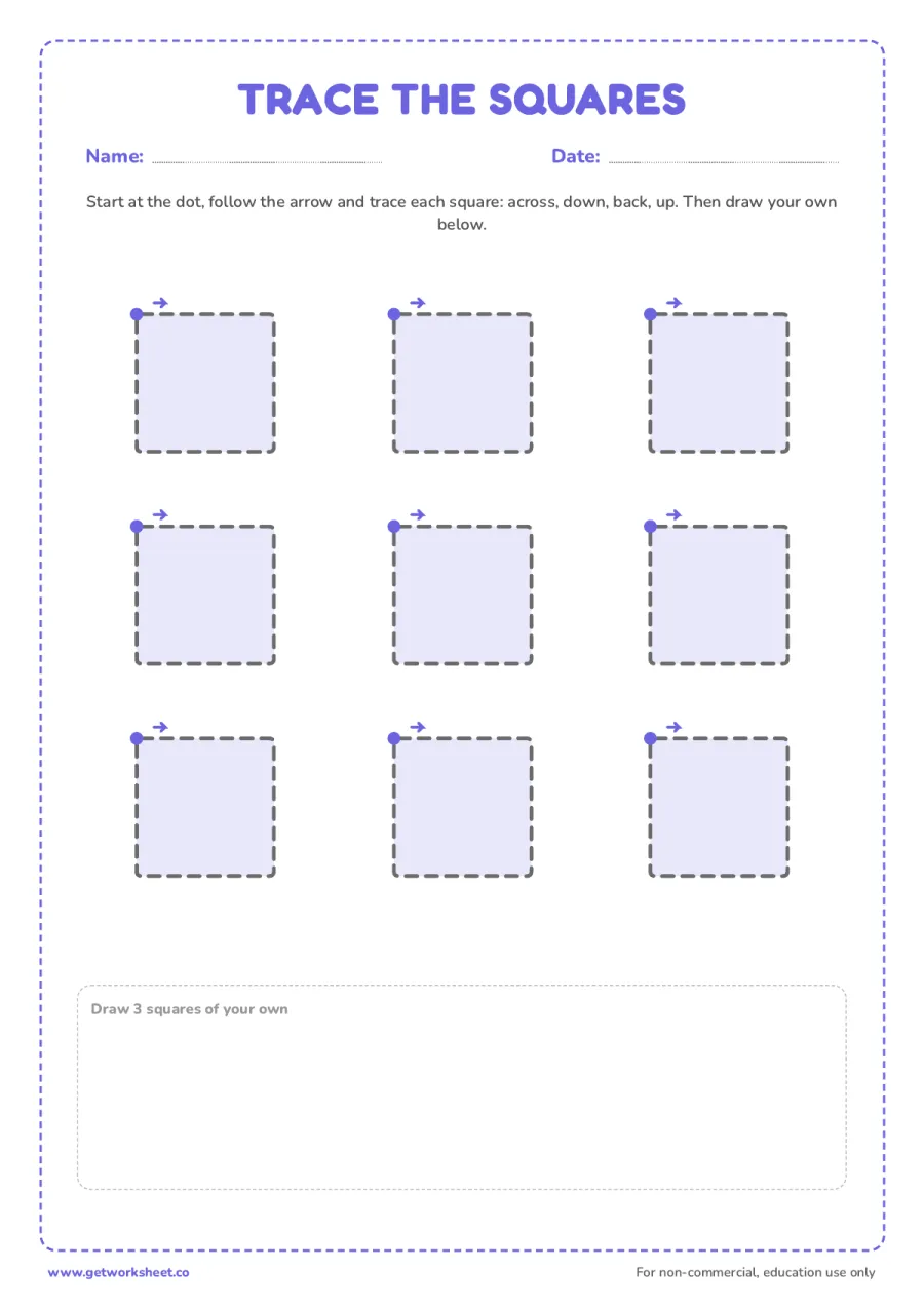 Trace 9 large squares (start dot and arrow) – free printable PDF worksheet, page 1 preview (3 free square tracing worksheets)