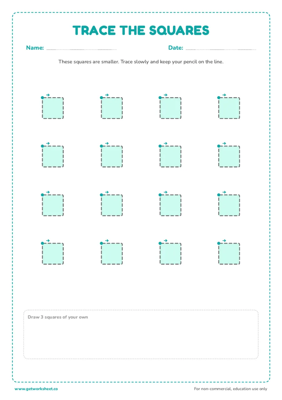 Trace 16 small squares – free printable PDF worksheet, page 1 preview (3 free square tracing worksheets)