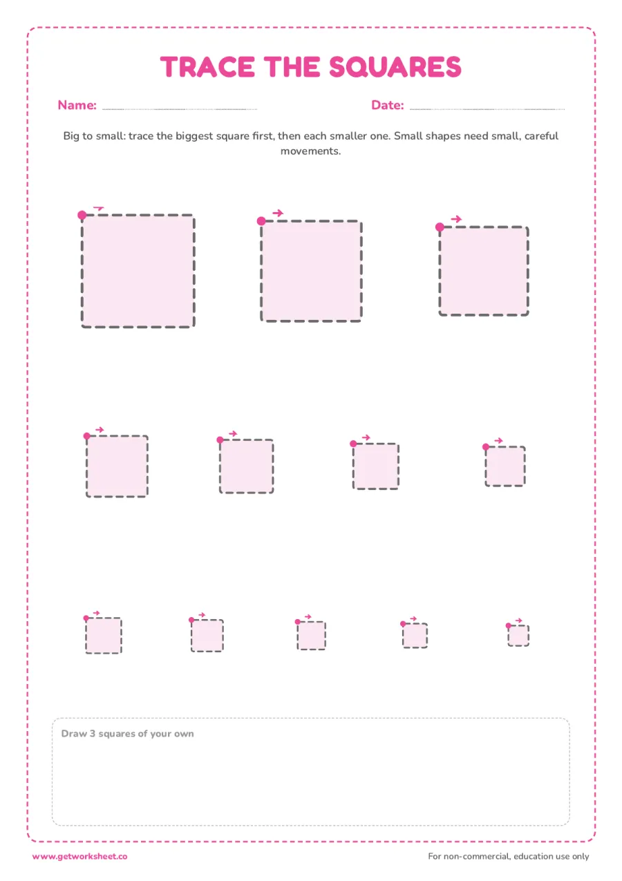 Squares big to small – free printable PDF worksheet, page 1 preview (3 free square tracing worksheets)