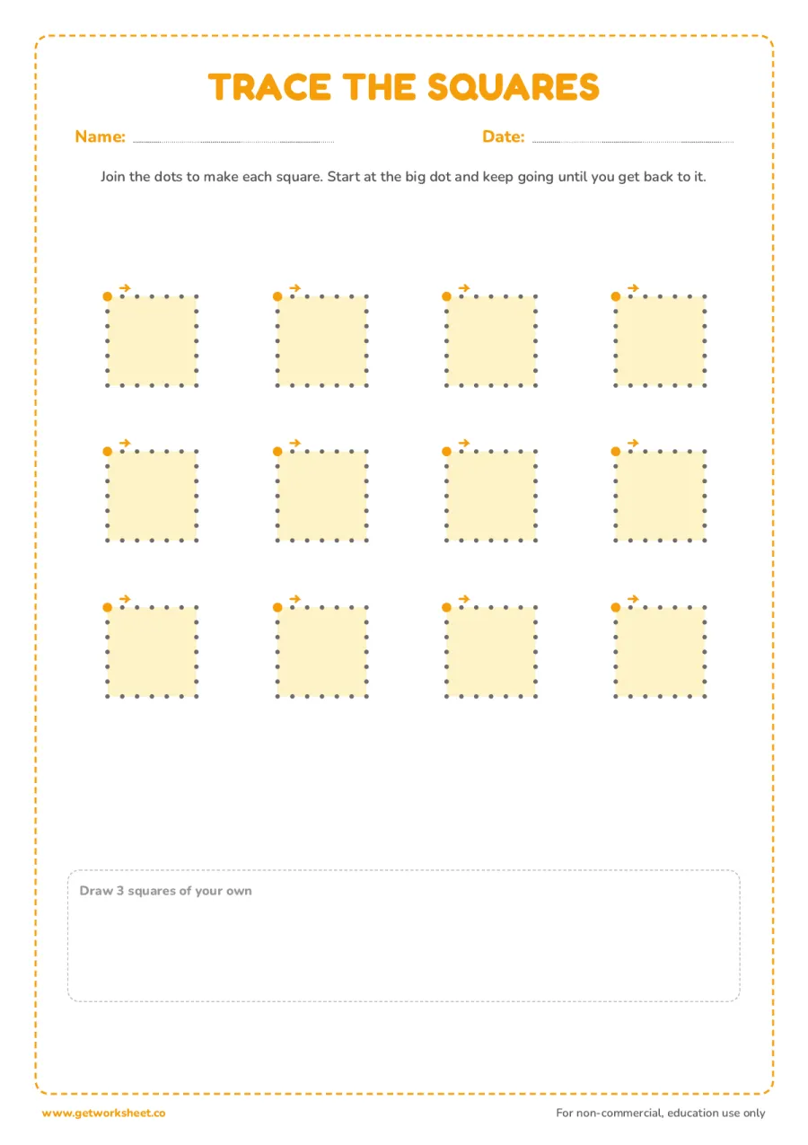 Dot-to-dot squares – free printable PDF worksheet, page 1 preview (3 free square tracing worksheets)