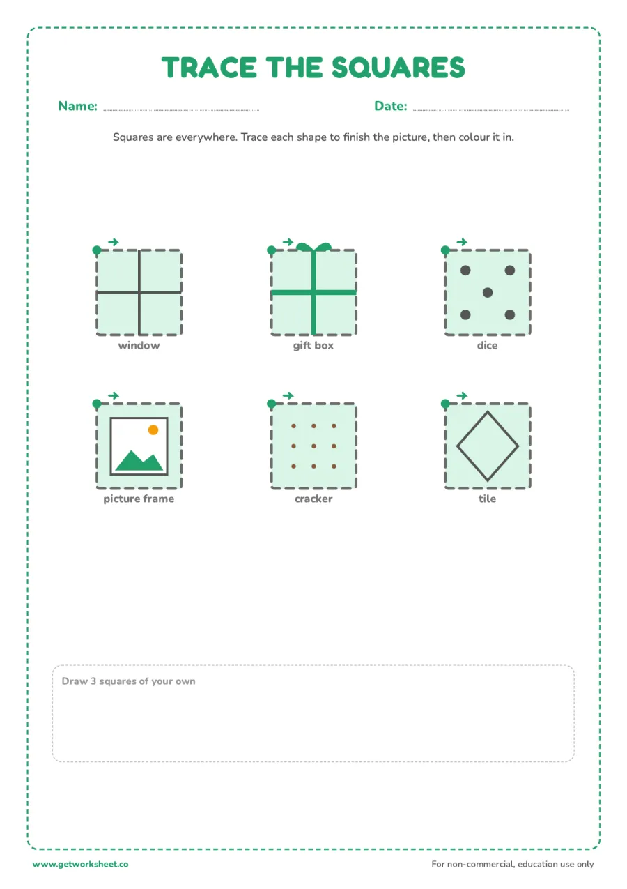 Squares all around us: trace and colour – free printable PDF worksheet, page 1 preview (3 free square tracing worksheets)