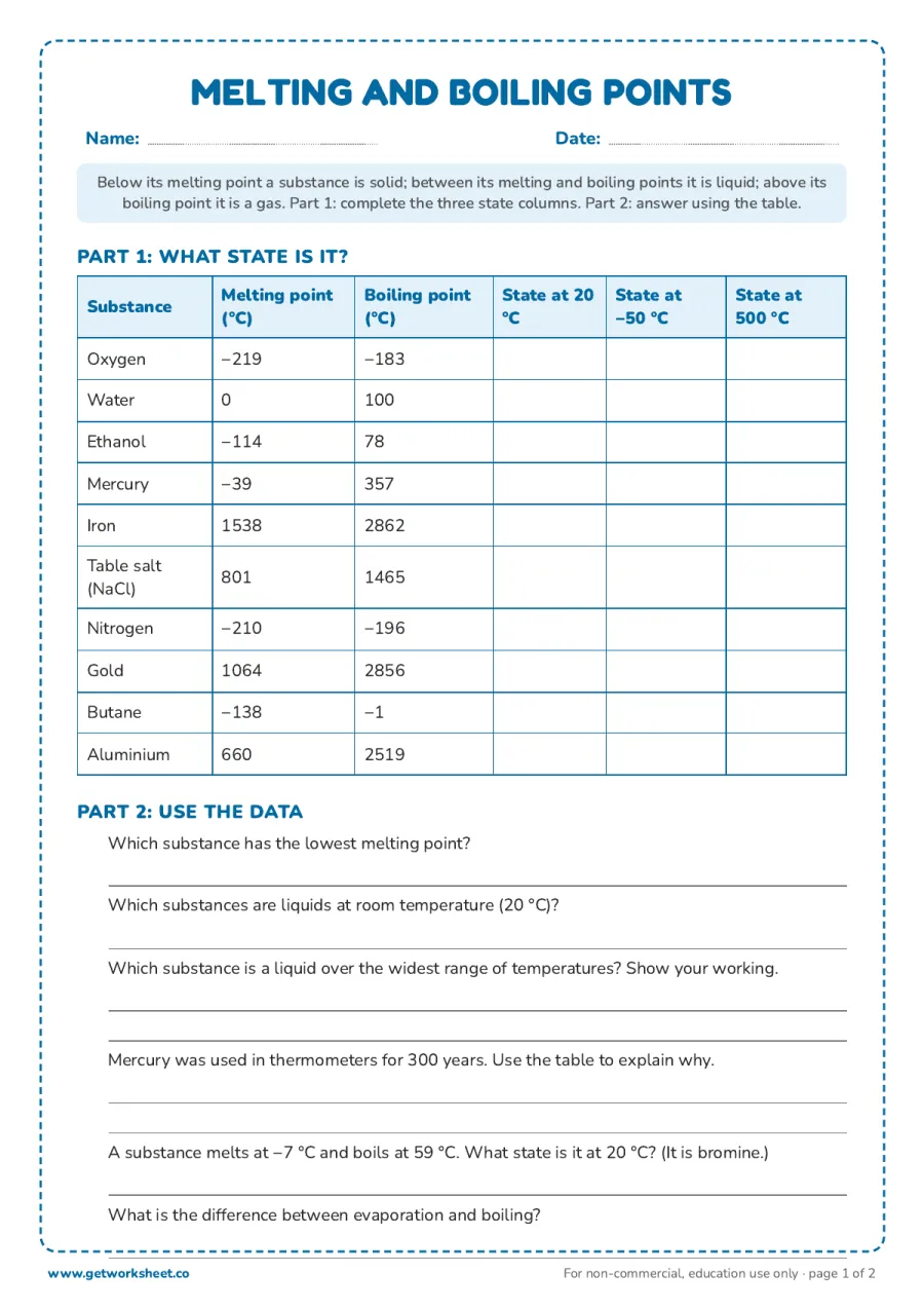 Melting and boiling points: state of 10 substances at 3 temperatures, 6 questions – free printable PDF worksheet, page 1 preview (Free states of matter worksheets)