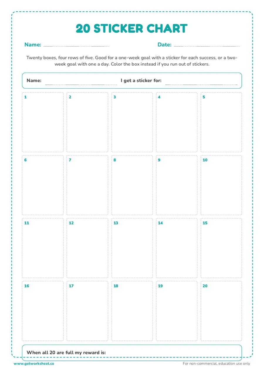 20 sticker chart 20 sticker chart – free printable PDF worksheet, page 1 preview (6 free sticker chart printables)
