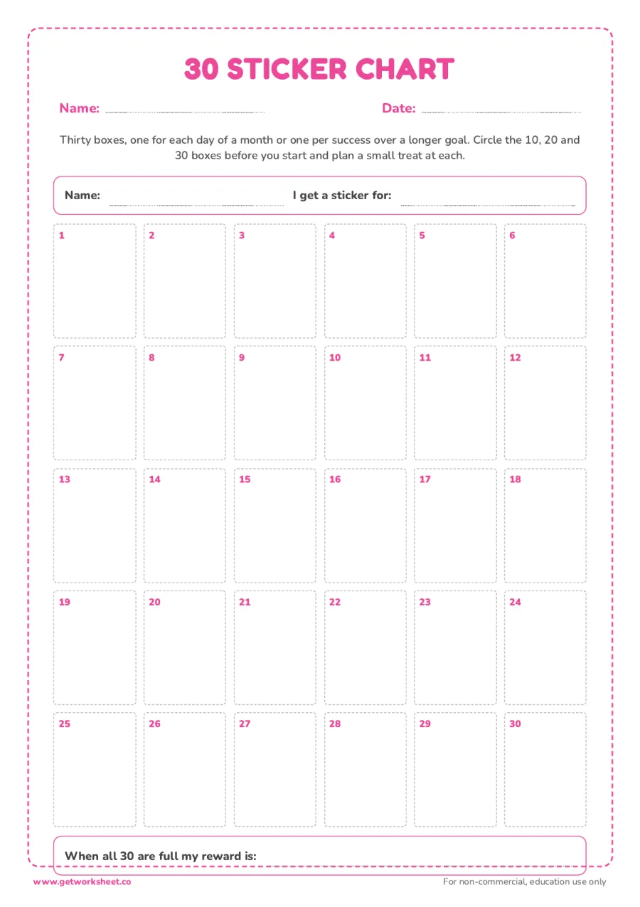 30 sticker chart 30 sticker chart – free printable PDF worksheet, page 1 preview (6 free sticker chart printables)