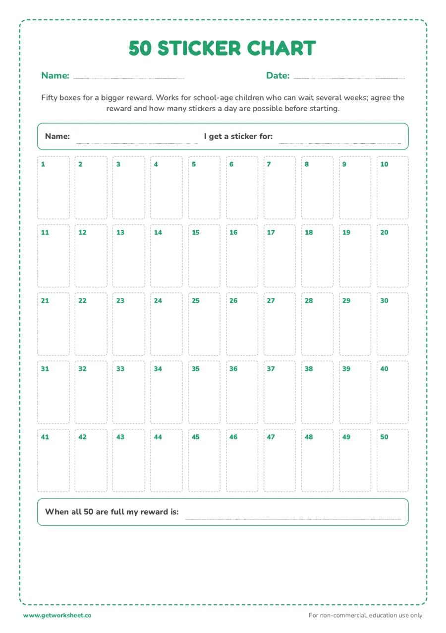 50 sticker chart 50 sticker chart – free printable PDF worksheet, page 1 preview (6 free sticker chart printables)