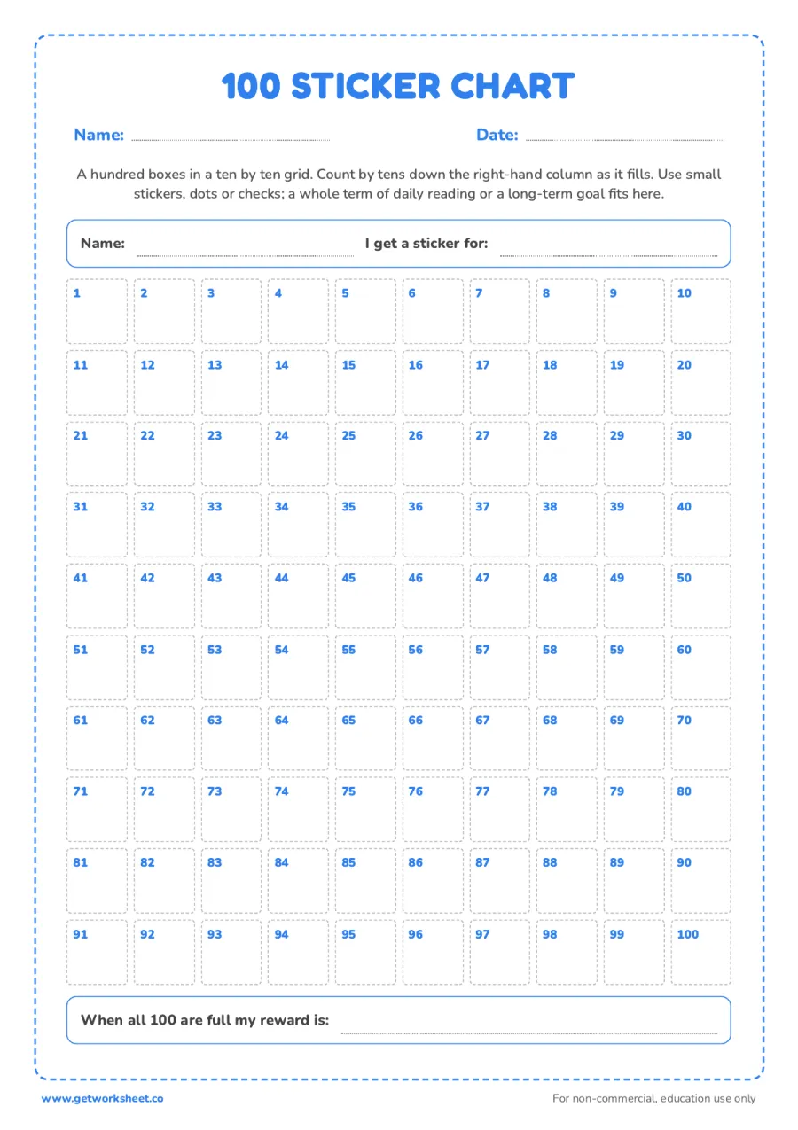 100 sticker chart 100 sticker chart – free printable PDF worksheet, page 1 preview (6 free sticker chart printables)