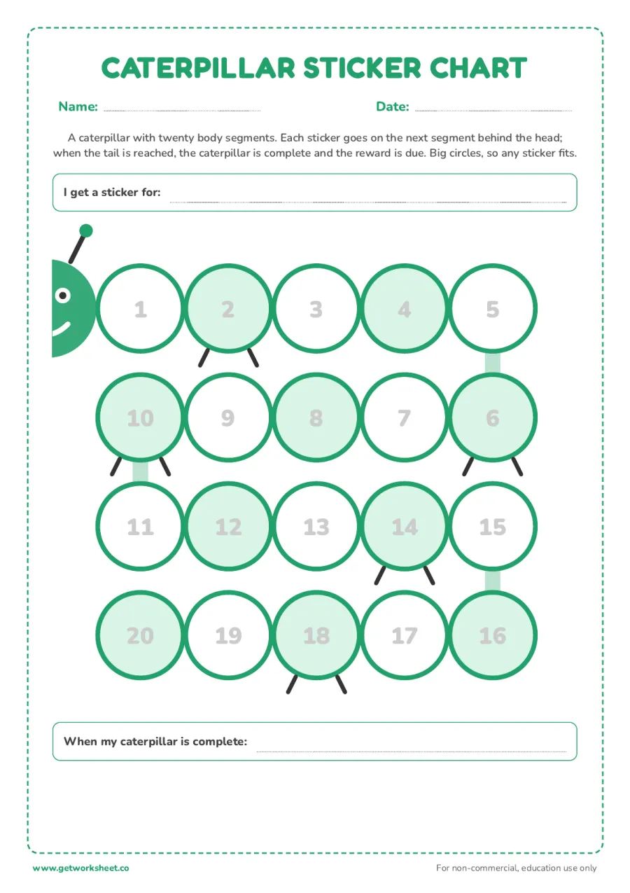 Caterpillar sticker chart: 20 segments Caterpillar sticker chart: 20 segments – free printable PDF worksheet, page 1 preview (6 free sticker chart printables)