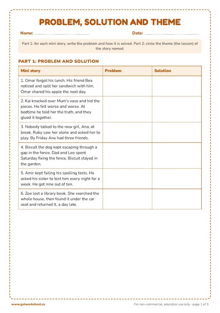 Problem, solution and theme: 6 mini stories to analyse – free printable PDF worksheet, page 1 preview (Free story elements worksheets)