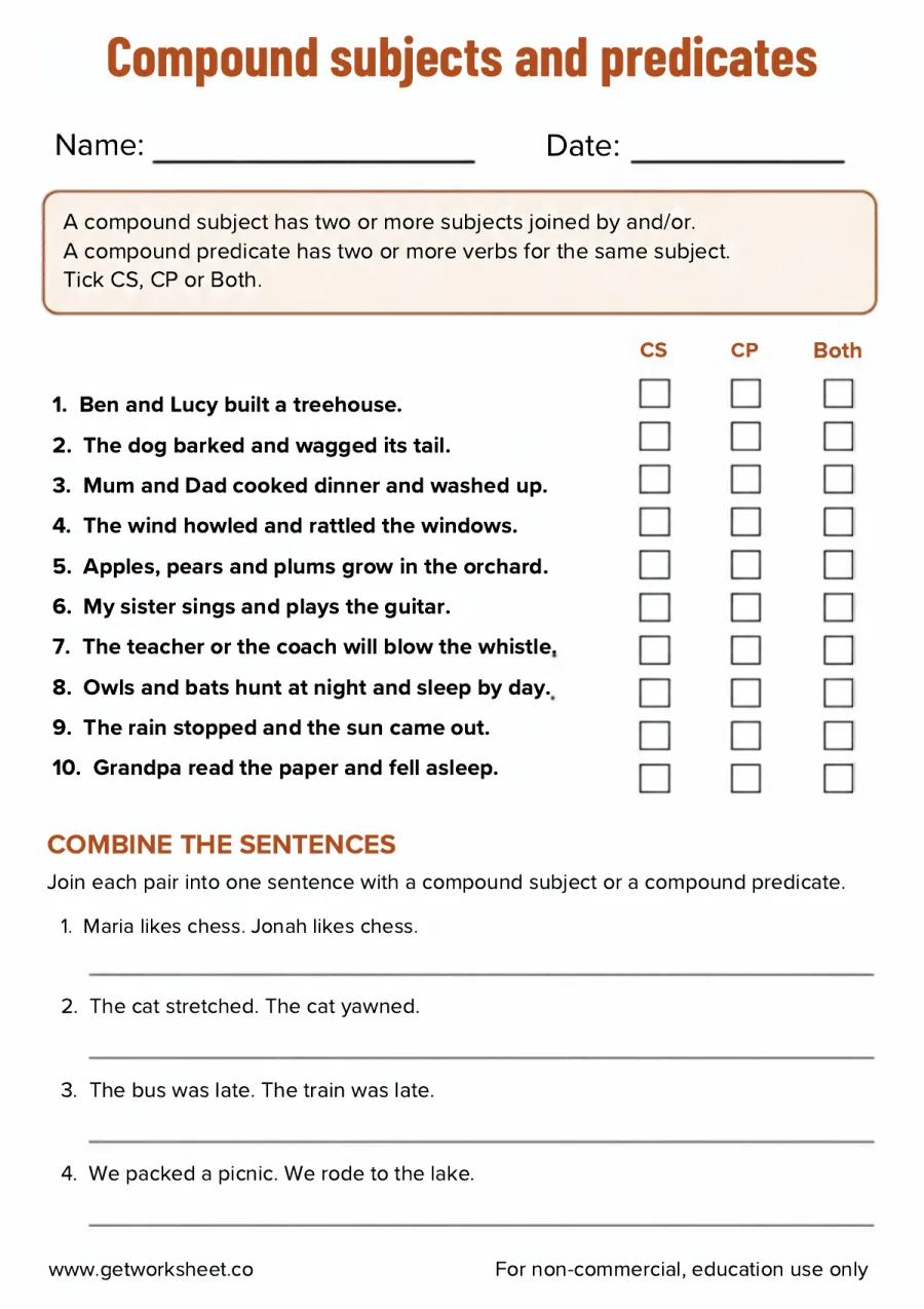 Compound subjects and predicates: identify and combine – free printable PDF worksheet, page 1 preview (Free subject and predicate worksheets)