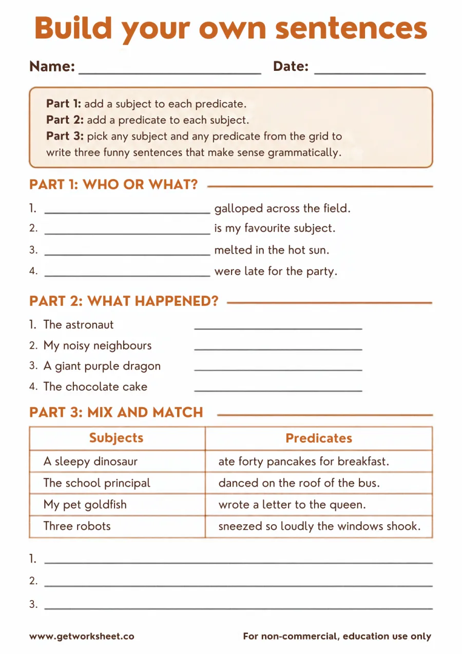 Build your own sentences: add a subject, add a predicate – free printable PDF worksheet, page 1 preview (Free subject and predicate worksheets)