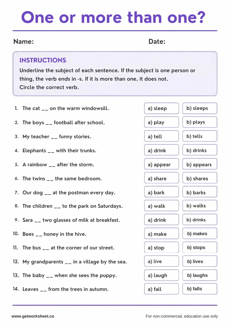 One or more than one? Circle the verb (grade 2-3) One or more than one? Circle the verb (grade 2-3) – free printable PDF worksheet, page 1 preview (Free subject-verb agreement worksheets)