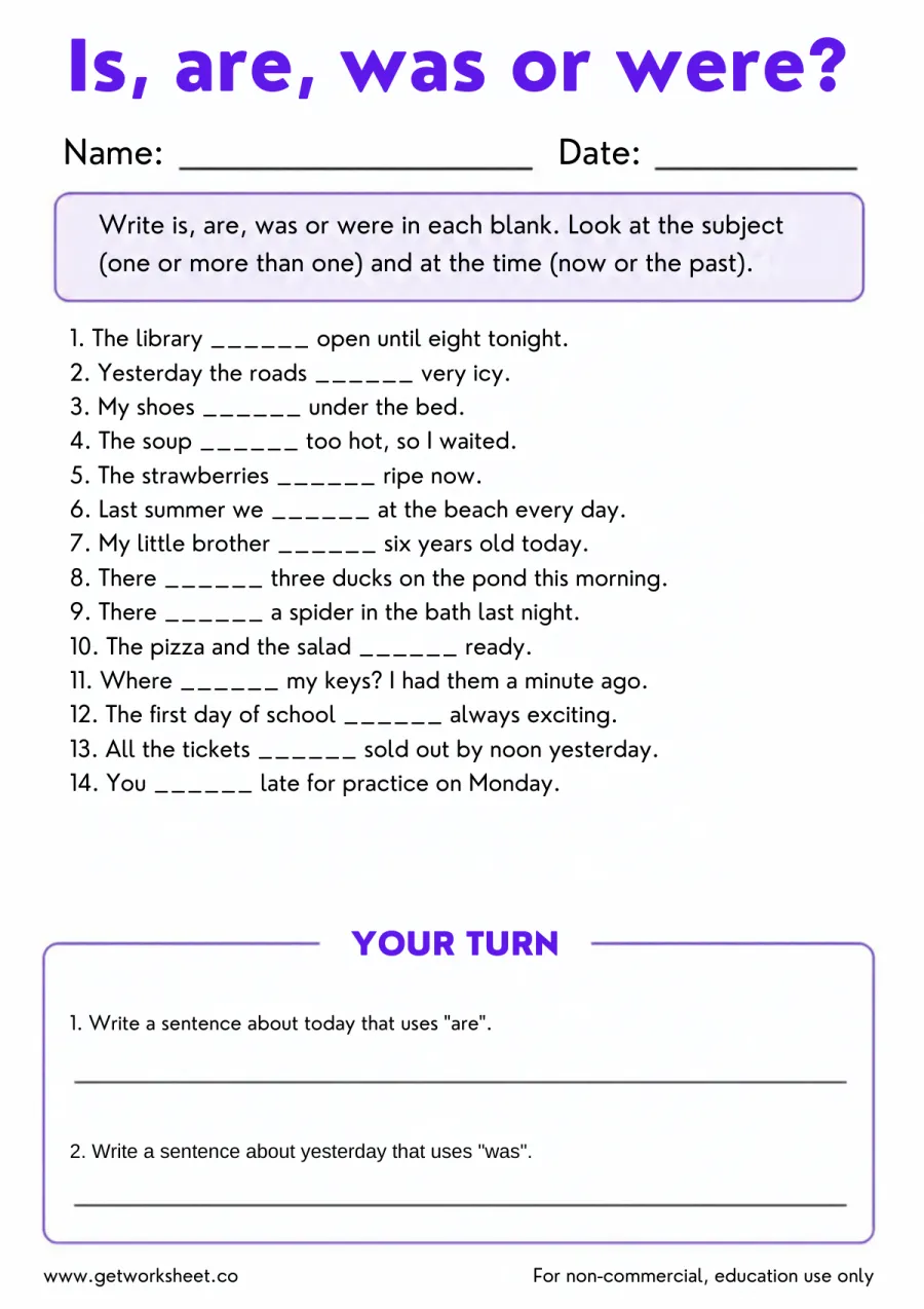 Is, are, was or were? (14 sentences) Is, are, was or were? (14 sentences) – free printable PDF worksheet, page 1 preview (Free subject-verb agreement worksheets)