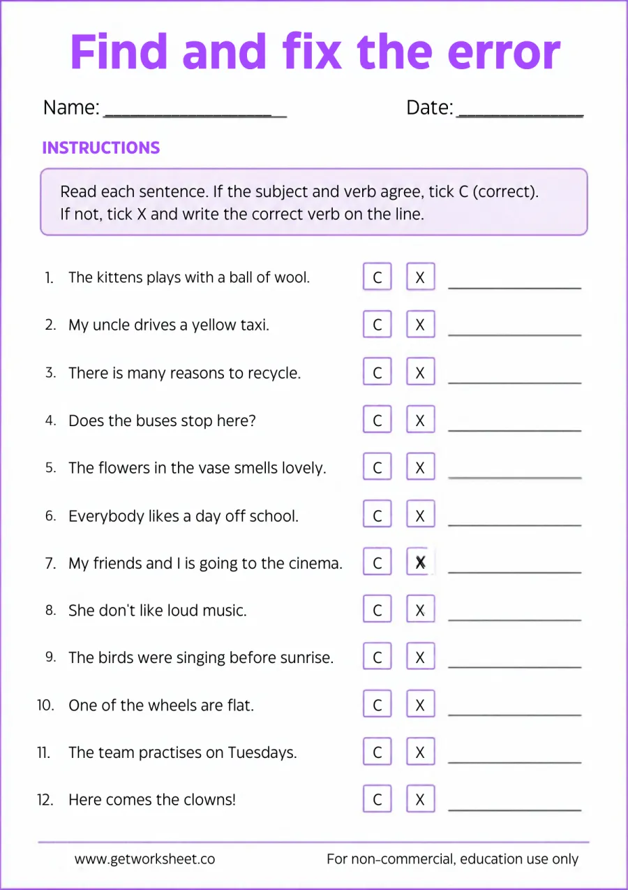 Find and fix the agreement error (12 sentences, 4 are correct) Find and fix the agreement error (12 sentences, 4 are correct) – free printable PDF worksheet, page 1 preview (Free subject-verb agreement worksheets)