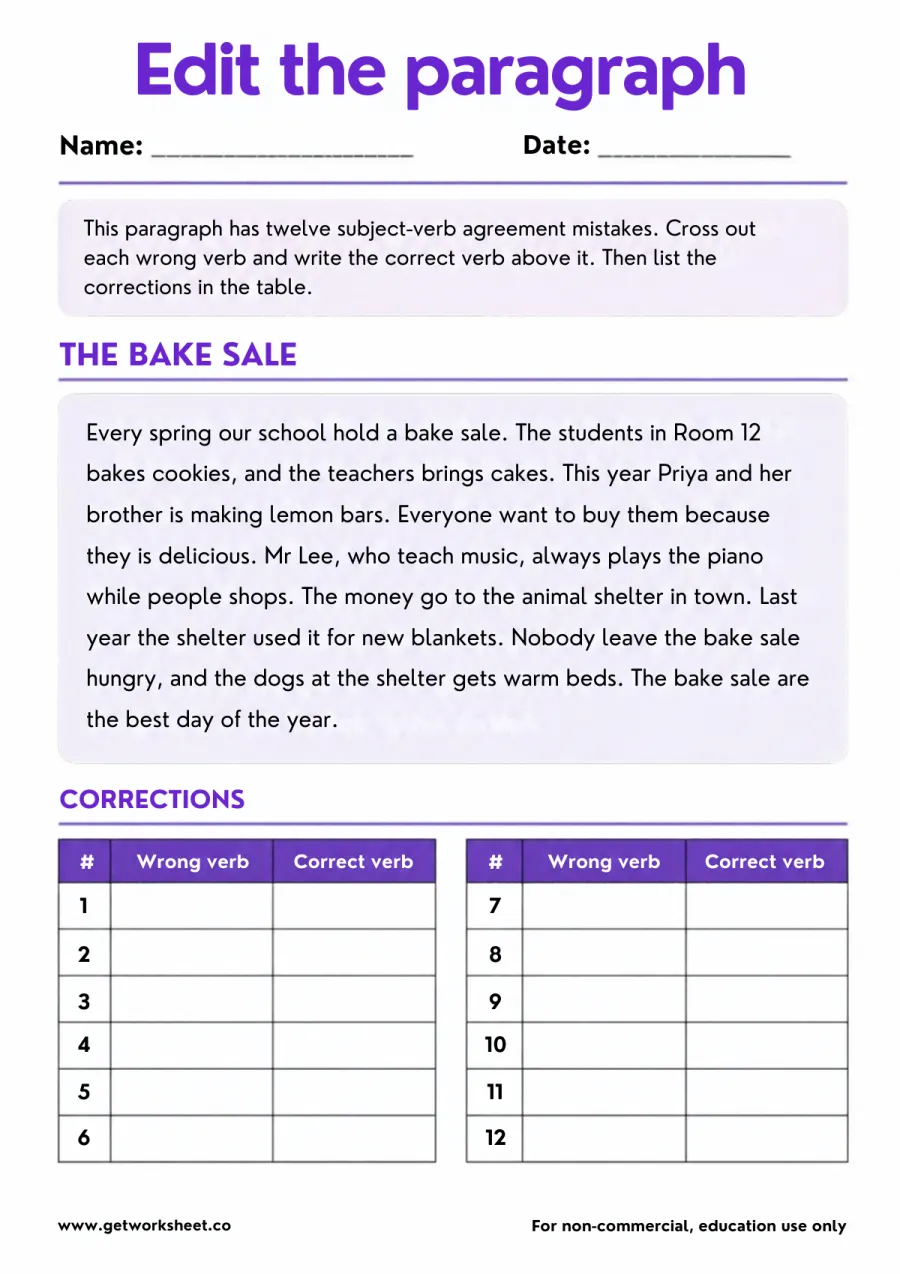 Edit the paragraph: 12 agreement errors to correct (grades 4-5) Edit the paragraph: 12 agreement errors to correct (grades 4-5) – free printable PDF worksheet, page 1 preview (Free subject-verb agreement worksheets)