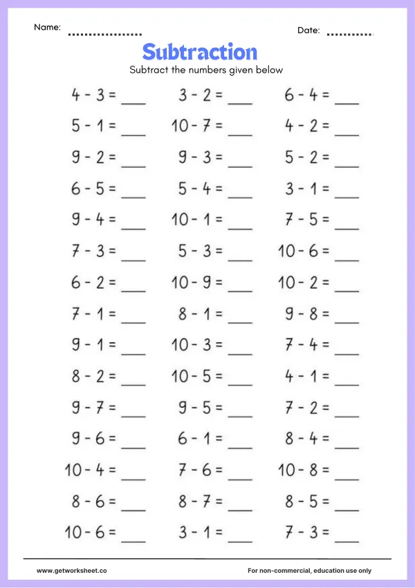 Free subtraction worksheets (within 10 and 20) – free printable worksheets preview
