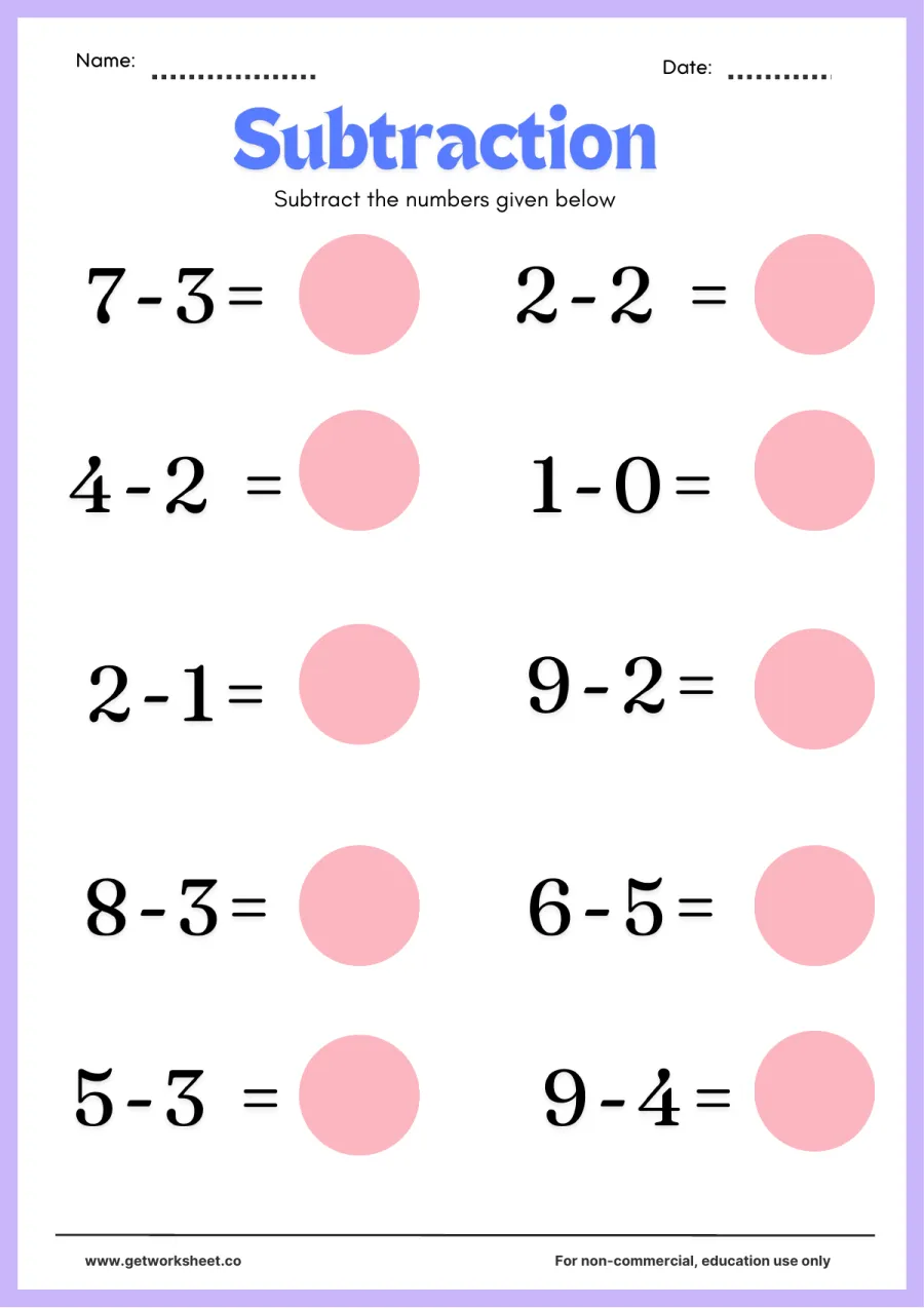 Ten large-print facts within 10 (B) – free printable PDF worksheet, page 1 preview (Free subtraction worksheets (within 10 and 20))