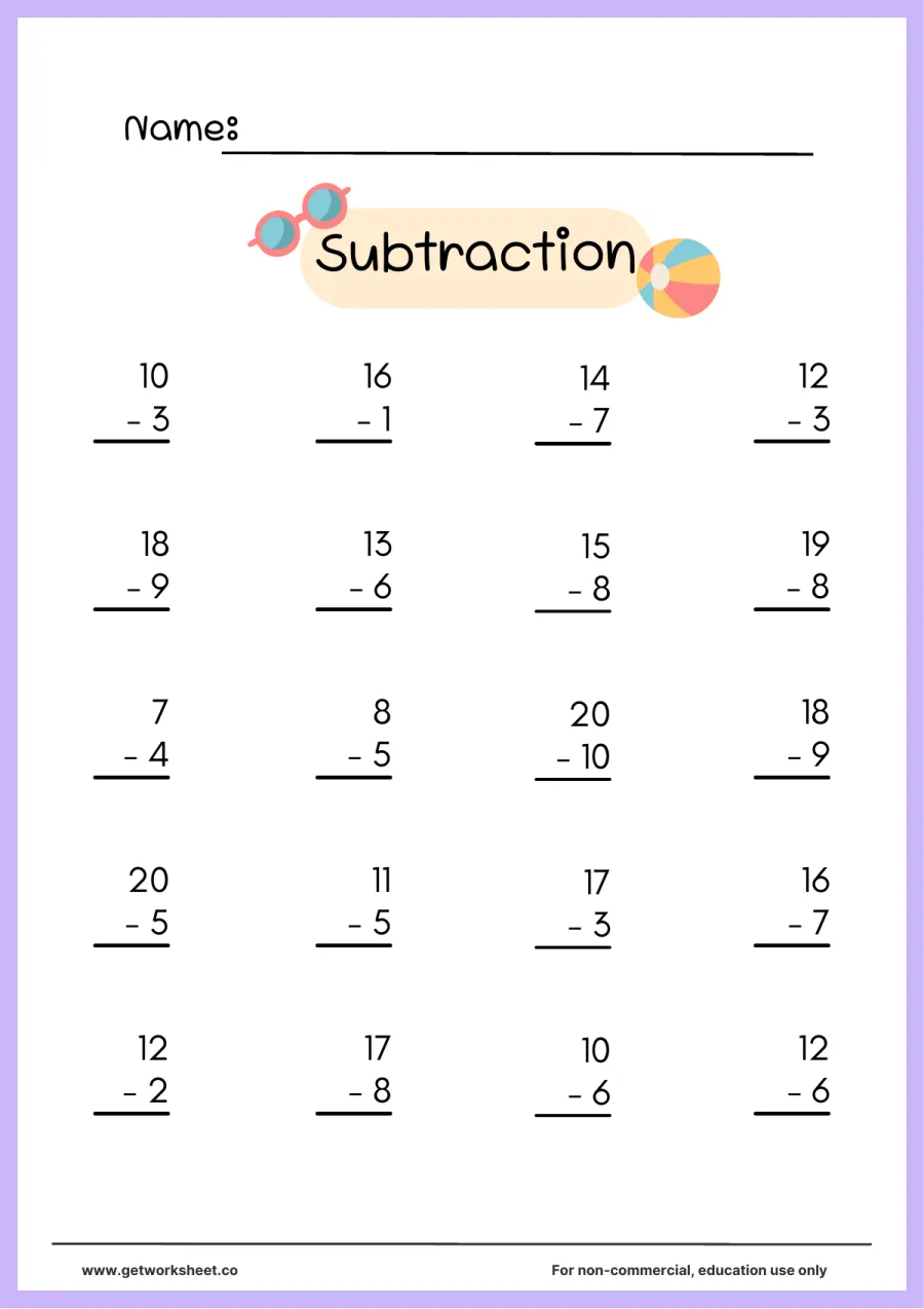 20 column subtraction problems within 20 – free printable PDF worksheet, page 1 preview (Free subtraction worksheets (within 10 and 20))