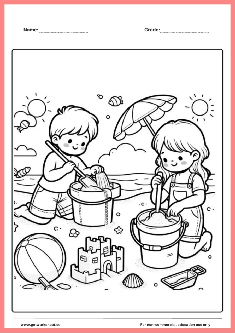 Summer coloring page: building a sandcastle on the beach – free printable PDF worksheet, page 1 preview (Free summer coloring pages)