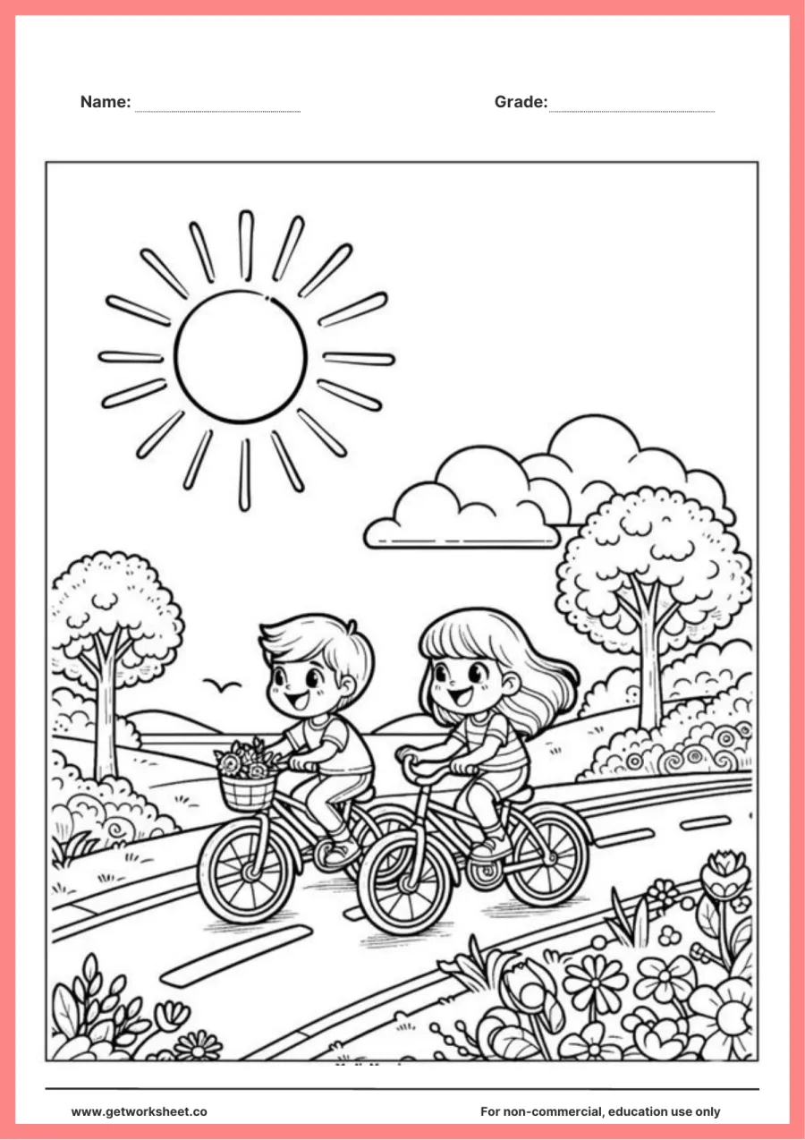 Summer coloring page: bike ride past trees and flowers – free printable PDF worksheet, page 1 preview (Free summer coloring pages)