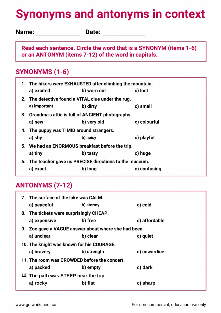 Synonyms and antonyms in context (multiple choice, grades 4-5) – free printable PDF worksheet, page 1 preview (Free synonyms and antonyms worksheets)