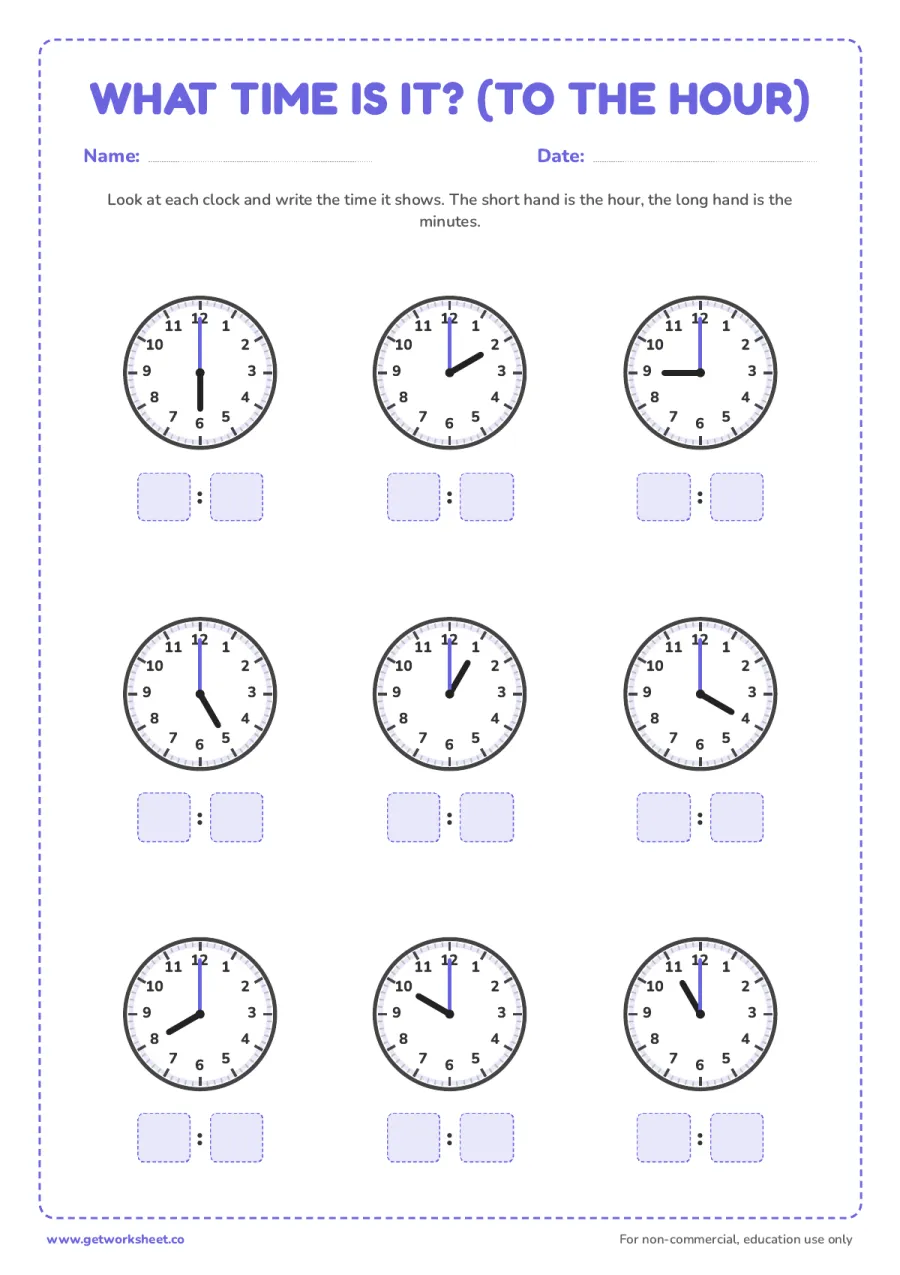 Telling time to the hour Telling time to the hour – free printable PDF worksheet, page 1 preview (4 free telling time worksheets)