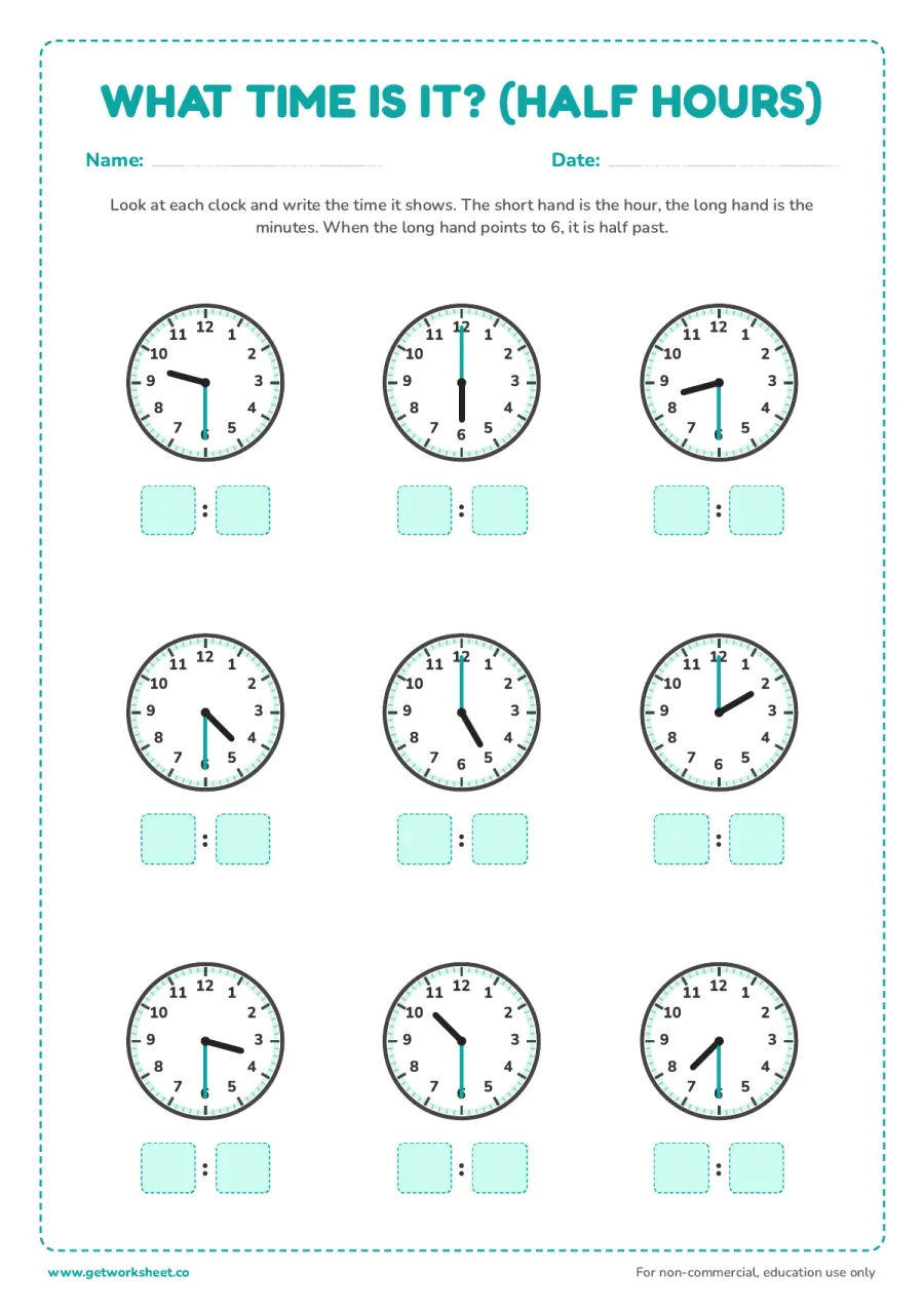 Telling time to the half hour Telling time to the half hour – free printable PDF worksheet, page 1 preview (4 free telling time worksheets)