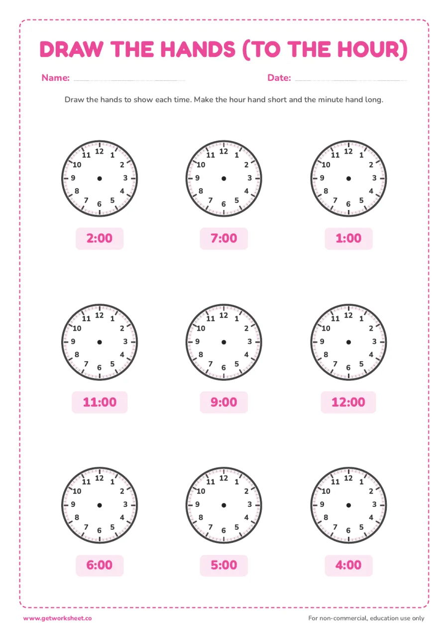 Draw the hands: time to the hour Draw the hands: time to the hour – free printable PDF worksheet, page 1 preview (4 free telling time worksheets)