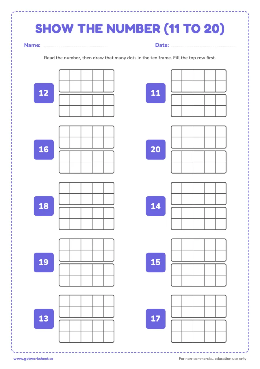 Draw the dots for 11 to 20 in double ten frames: 10 numbers – free printable PDF worksheet, page 1 preview (4 free ten frame worksheets)