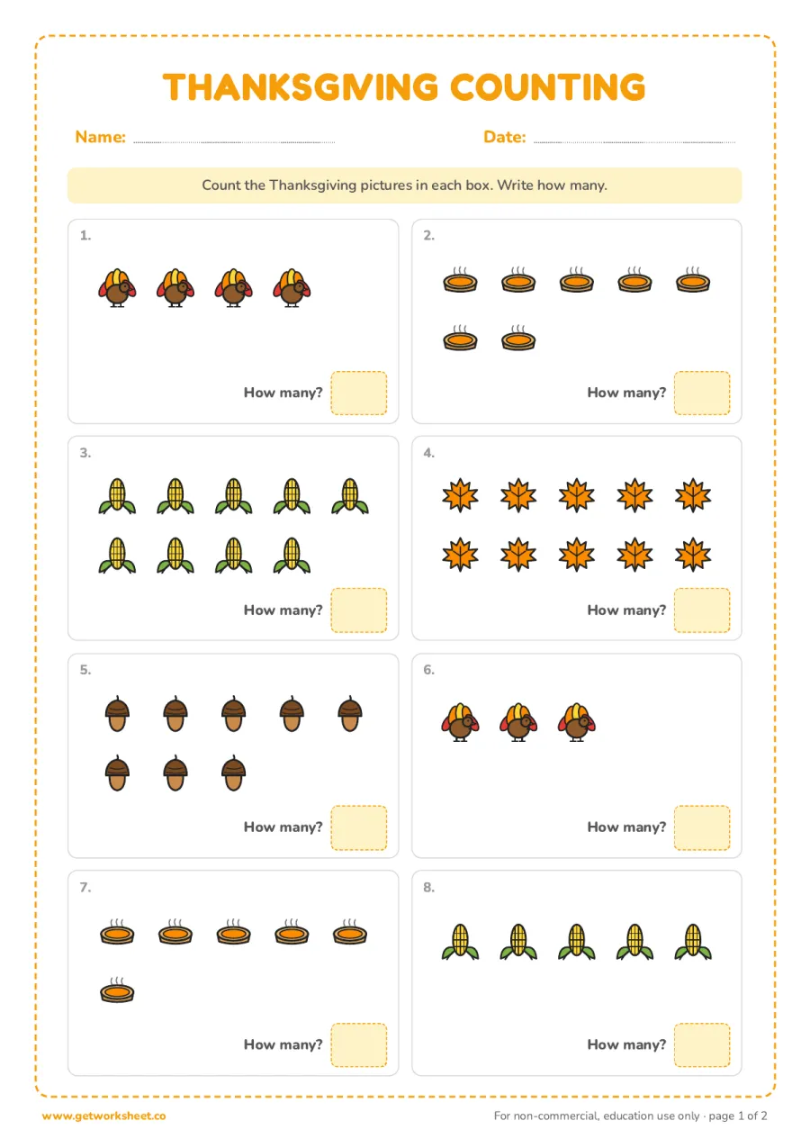 Thanksgiving count and write Thanksgiving count and write – free printable PDF worksheet, page 1 preview (5 free Thanksgiving math worksheets)