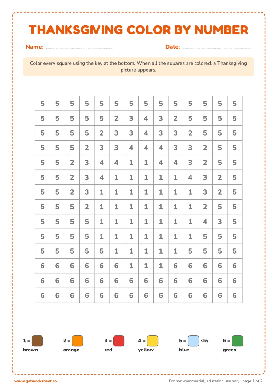 Thanksgiving color by number: turkey Thanksgiving color by number: turkey – free printable PDF worksheet, page 1 preview (5 free Thanksgiving math worksheets)