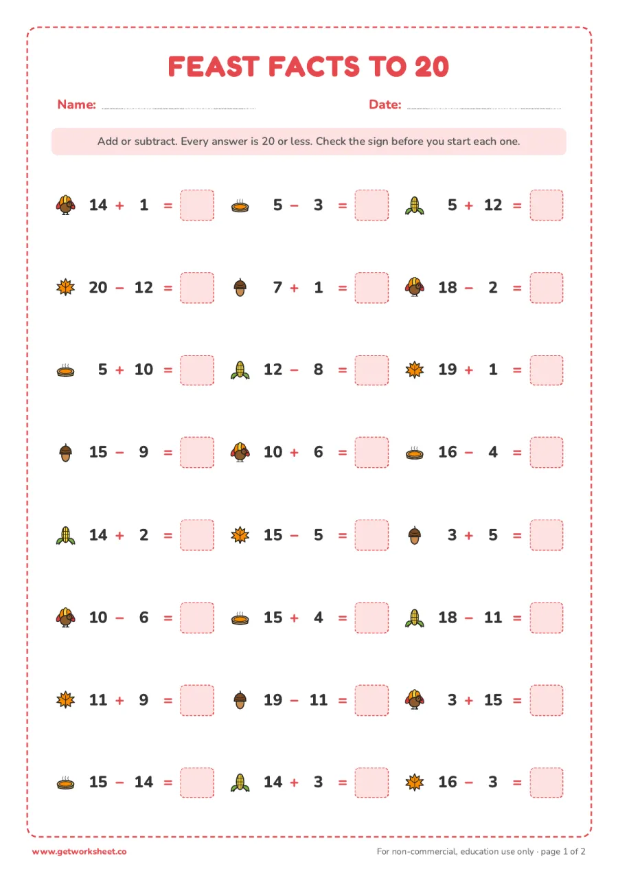 Thanksgiving addition and subtraction to 20 Thanksgiving addition and subtraction to 20 – free printable PDF worksheet, page 1 preview (5 free Thanksgiving math worksheets)