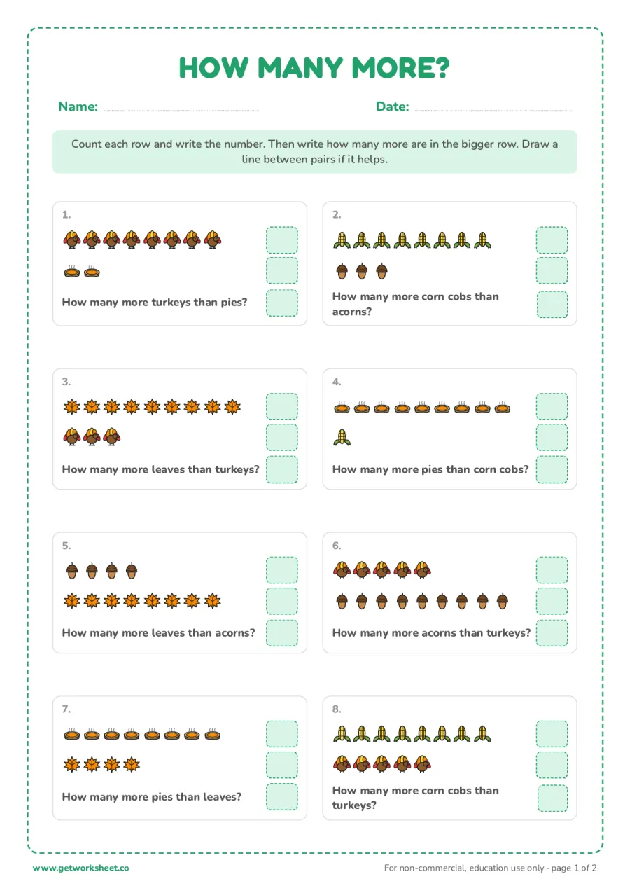 Thanksgiving how many more Thanksgiving how many more – free printable PDF worksheet, page 1 preview (5 free Thanksgiving math worksheets)