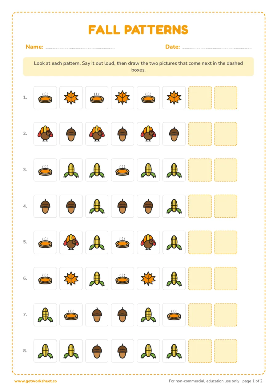 Fall leaf patterns Fall leaf patterns – free printable PDF worksheet, page 1 preview (5 free Thanksgiving math worksheets)