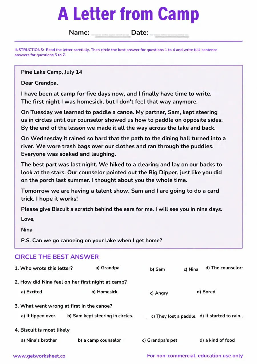 A Letter from Camp (friendly letter): sequence, inference, text features – free printable PDF worksheet, page 1 preview (Free third grade reading comprehension worksheets)