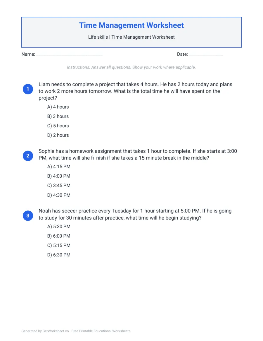 Time management: 3 problems adding hours and end times Time management: 3 problems adding hours and end times – free printable PDF worksheet, page 1 preview (Time Management Worksheets)