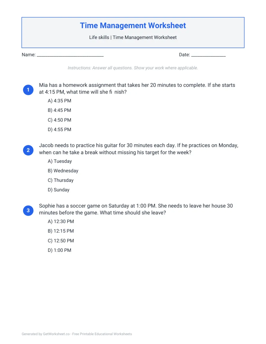 Time management: 3 problems on finish and leaving times Time management: 3 problems on finish and leaving times – free printable PDF worksheet, page 1 preview (Time Management Worksheets)