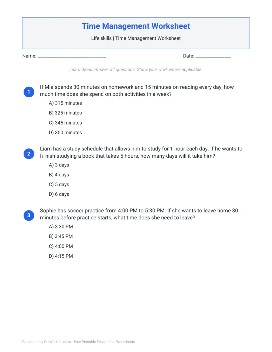 Time management: 3 problems on weekly time and leaving early Time management: 3 problems on weekly time and leaving early – free printable PDF worksheet, page 1 preview (Time Management Worksheets)
