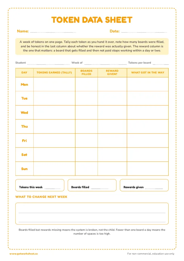 Token board weekly data sheet, page 1 preview