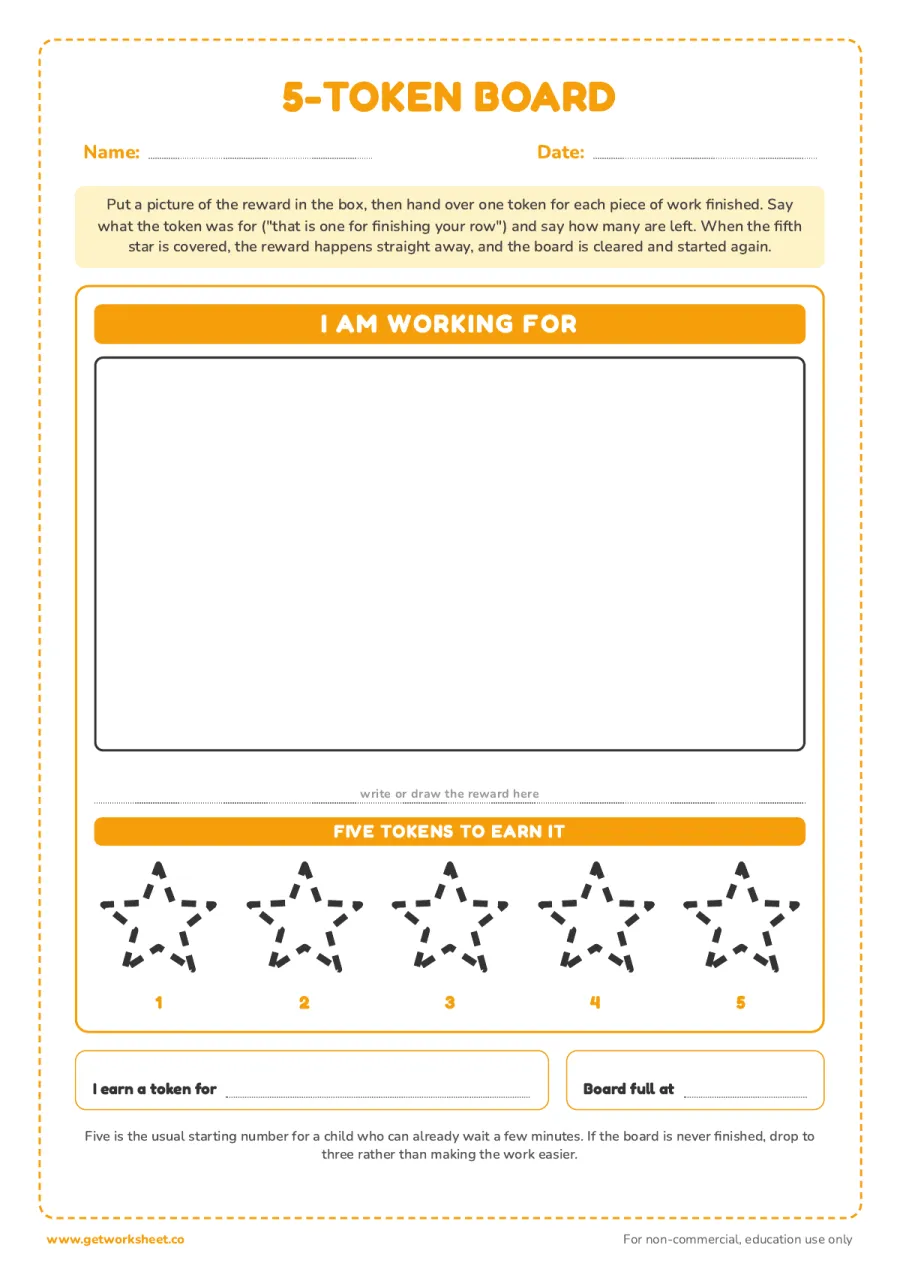 5-token board with star spaces 5-token board with star spaces – free printable PDF worksheet, page 1 preview (7 free token board printables)