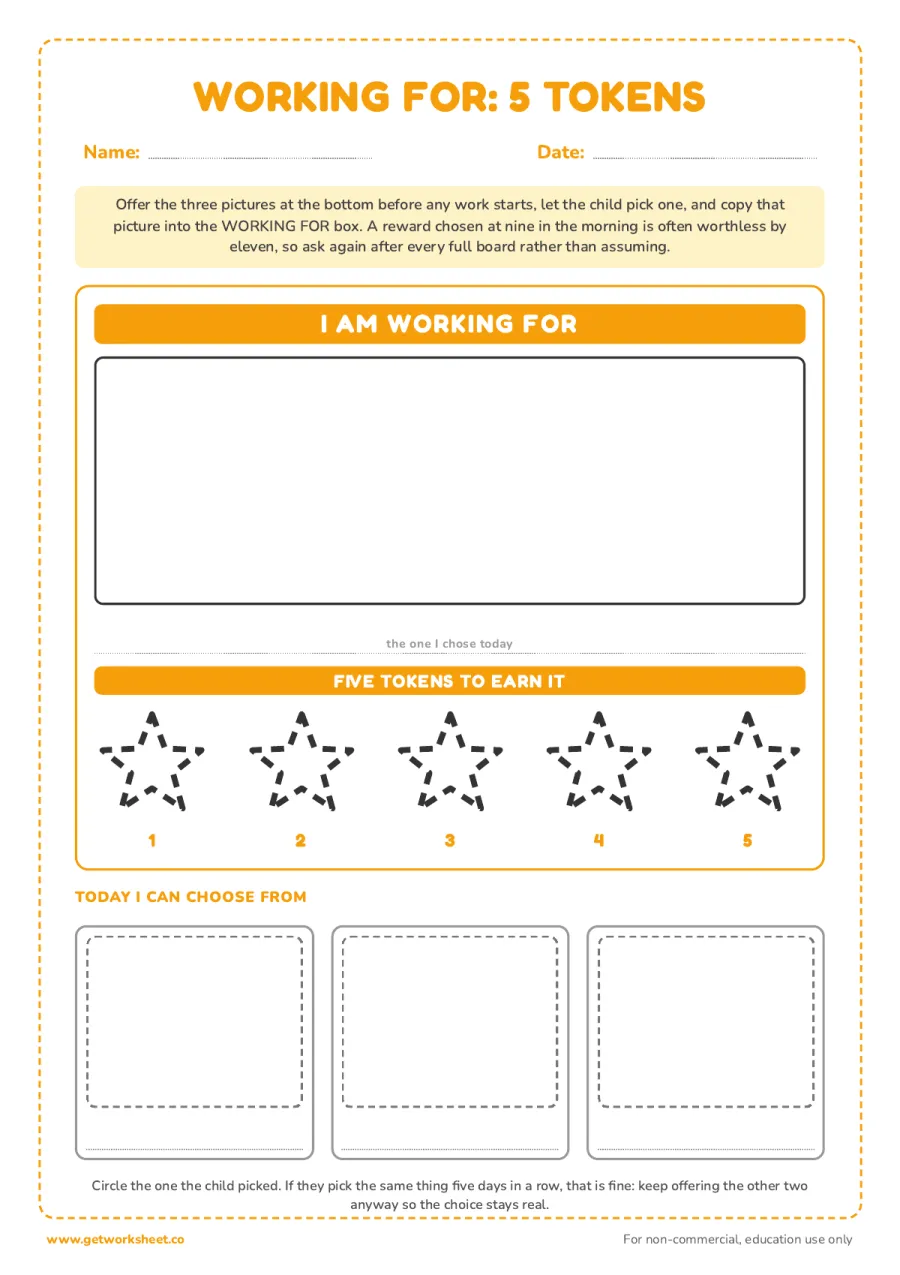 5-token board with a choice of three rewards 5-token board with a choice of three rewards – free printable PDF worksheet, page 1 preview (7 free token board printables)